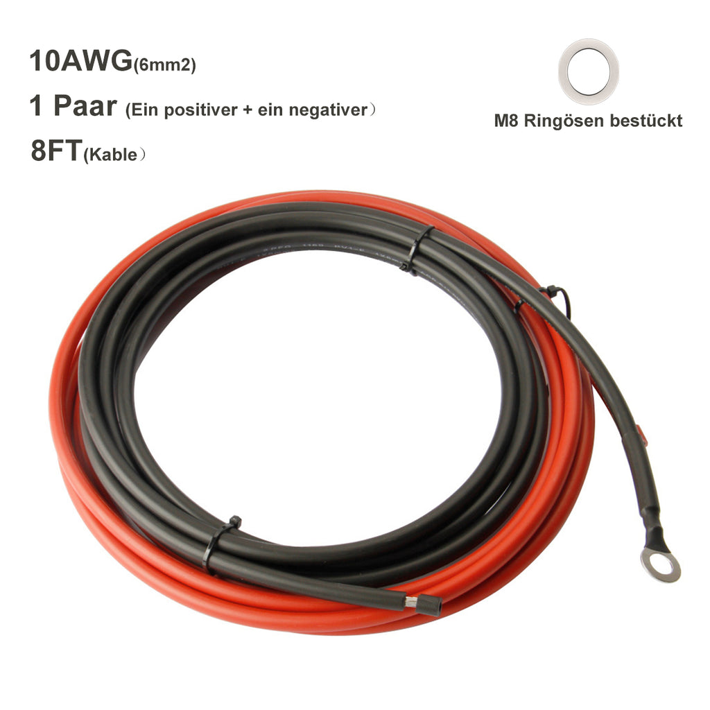 Creabest Batteriekabel mit M8 Kabelschuh Ringösen - Solar Akku zu Laderegler  6mm² / 10 AWG  (2.5m Rot + 2.5m Schwarz)