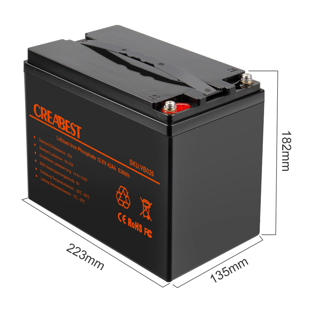 LiFePO4 Batterie 42Ah 12,8V für Wohnwagen, Camping, Solaranlagen, Off-Grid, Boote, Elektromotor, Wandern, Backup-Stromversorgung