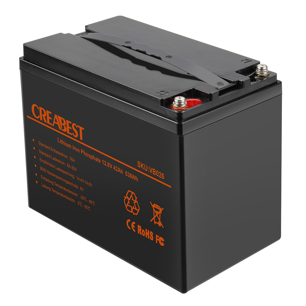LiFePO4 Batterie 42Ah 12,8V für Wohnwagen, Camping, Solaranlagen, Off-Grid, Boote, Elektromotor, Wandern, Backup-Stromversorgung
