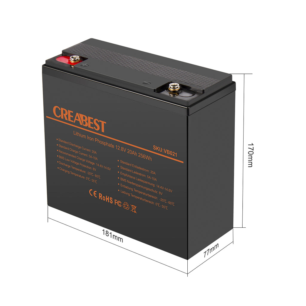 LiFePO4 Akku 20Ah 12,8V für Camping, Off Grid, Fischfinder, Beleuchtung, Spielzeugauto, Motorroller, Roboter, ferngesteuerte Stromversorgung.