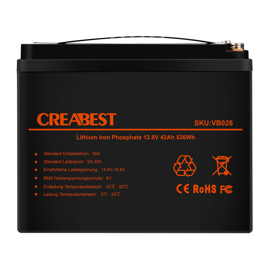 LiFePO4 Batterie 42Ah 12,8V für Wohnwagen, Camping, Solaranlagen, Off-Grid, Boote, Elektromotor, Wandern, Backup-Stromversorgung